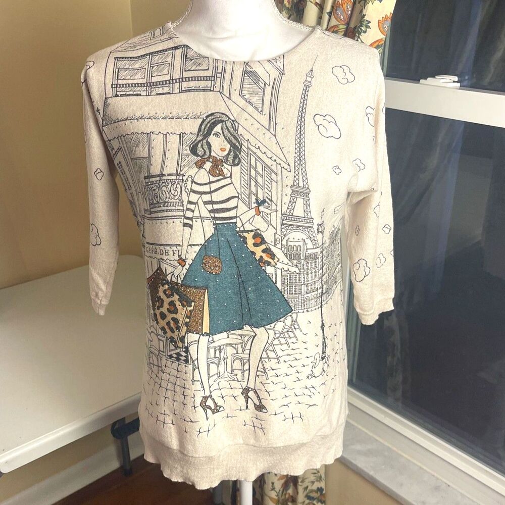 Womens Novelty Graphic Sweater Sz S Beige Parisian Girl Embellished Cute Artsy
